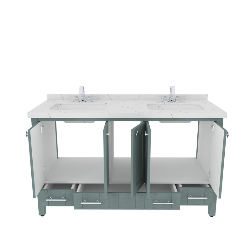 Meuble-lavabo double autoportant 59 po avec plateau en marbre d'ingénierie Analis, Bleu-vert