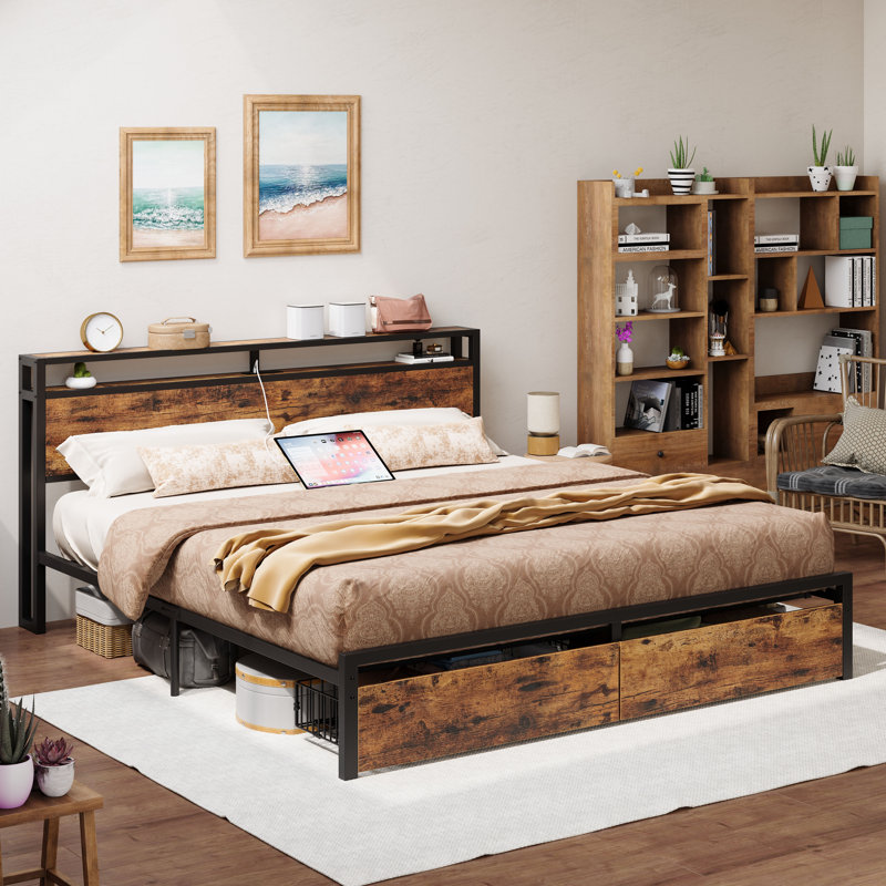 Bed Frame With Storage Headboard, Charcoal, California King, Brown