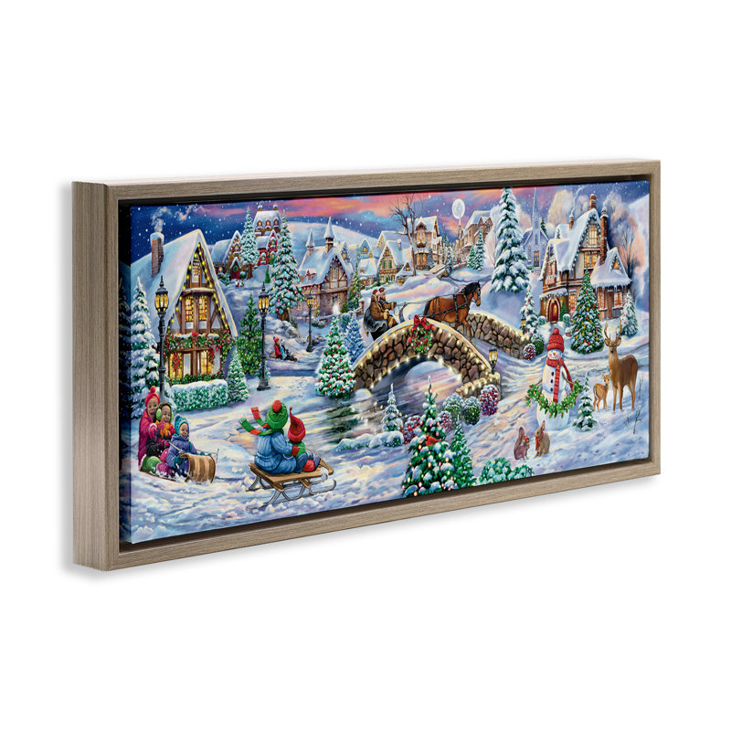 "Snowy Winter Townscape", art mural par Grateful Licensing, Cadre flottant orme Montalcino, H 11 po x l 25 po