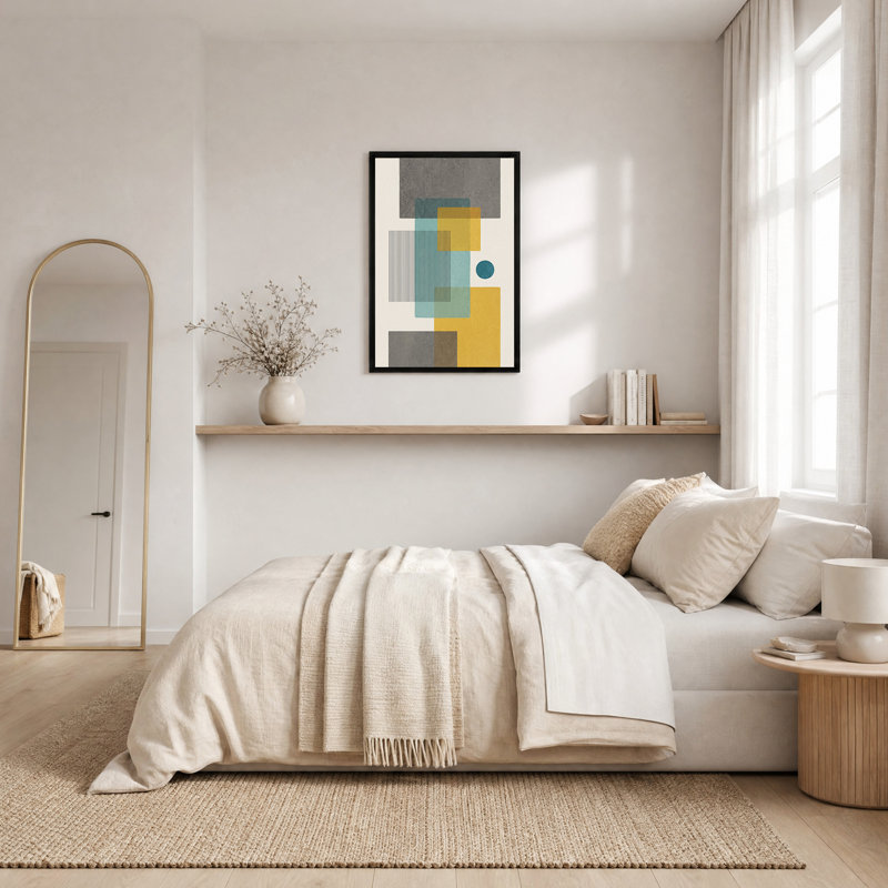Formes géométriques abstraites sur toile jaune moutarde et turquoise, H 18 po x l 12 po