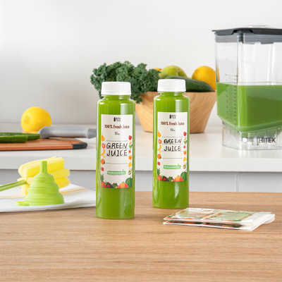 Restaurantware-Bottle Tek 12 Ounce Juice Bottles For Juicing, 10 Round Bottles With Caps - Includes 10 Labels, 1 Brush, And 1 Funnel, Clear Plastic Empty Juice Containers, For Smoothies