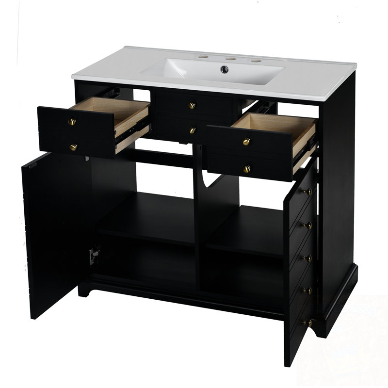 Meuble-lavabo de salle de bain avec lavabo supérieur, 2 tiroirs et portes à fermeture douce, Noir