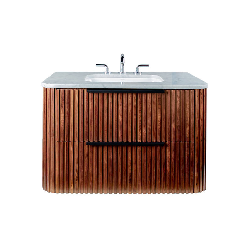 Flutti 36" Vanity, Natural Walnut, Matte Black, Stone Bianco/3 Faucet Holes
