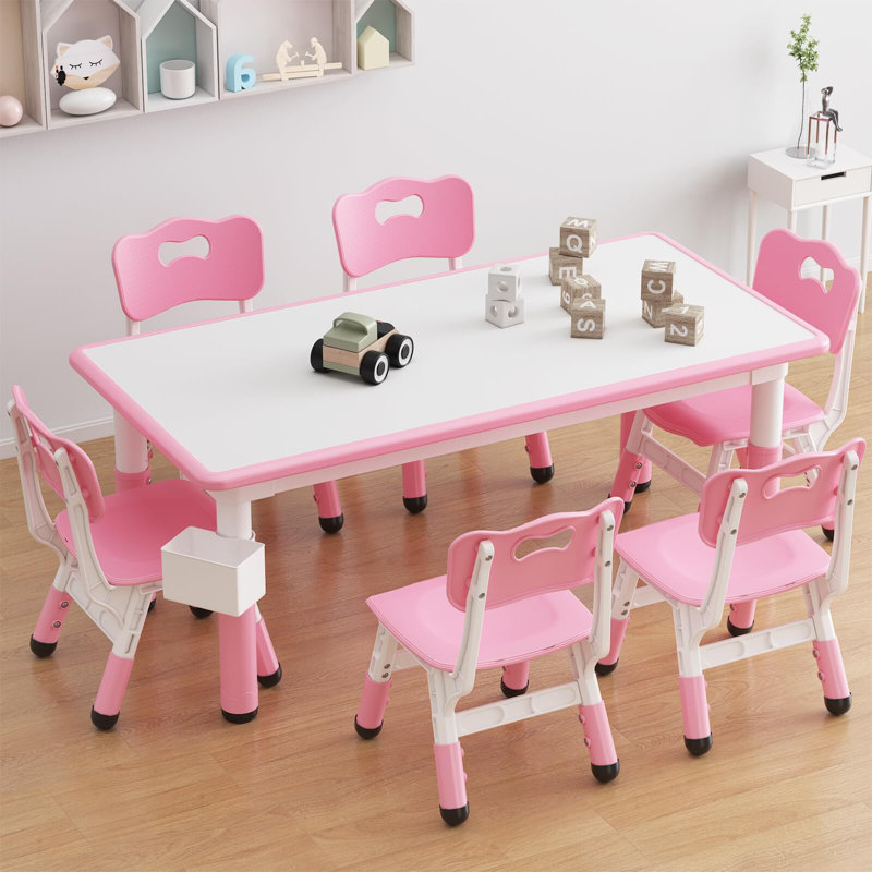 Ensemble de table et 6 chaises pour enfants, ensemble de table et de chaises pour tout-petits à hauteur réglable, Rose