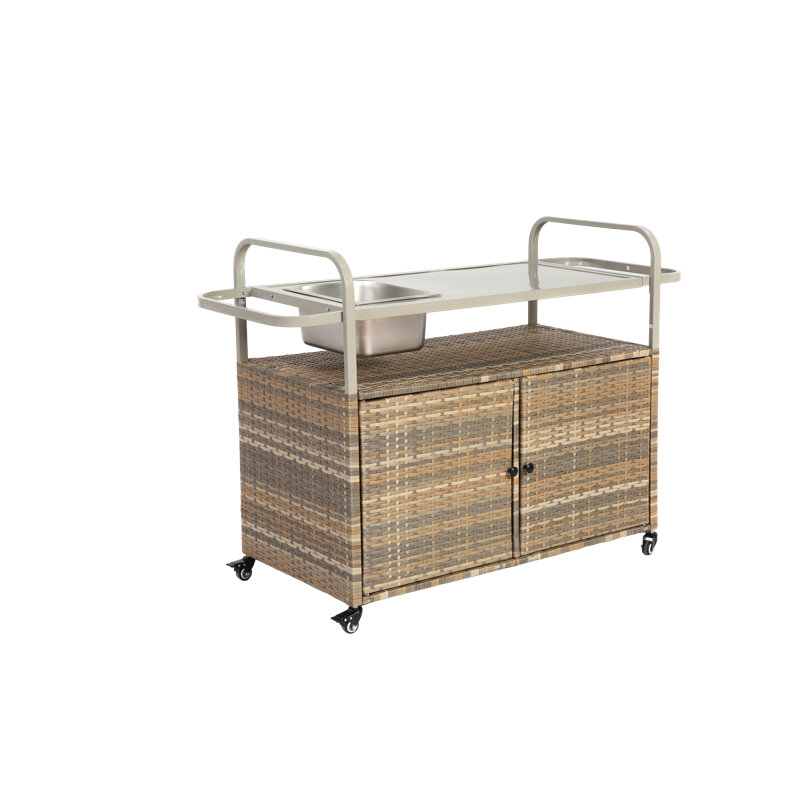 Outdoor Kitchen Island Wicker Bar Table with Wheels and Ice Bucket, Brown