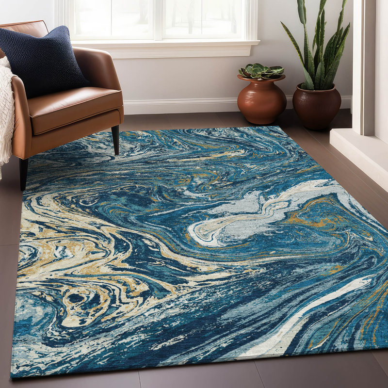 Tapis intérieur / extérieur bleu marine Malika , 9 pi x 12 pi