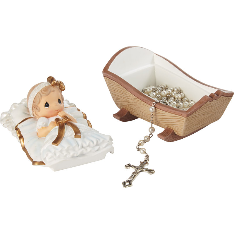 Precious Moments Baby in Cradle Baptism 2-Piece Rosary and Covered Trinket Box Set 3 Inch