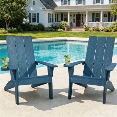 Modern Adirondack Chairs Set of 2 with Cup Holders All Weather HIPS Outdoor Chairs with Wide Armrests Oversized Plastic Patio Lounge for Lawn, Patio and Pool, Navy