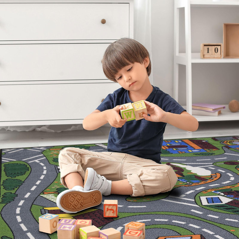 Easy Clean Non-Slip Rubberback Educational Town Traffic Play Kids Bedroom, Playroom Area Rug, Rectangle 3'3" x 4'7", Blue