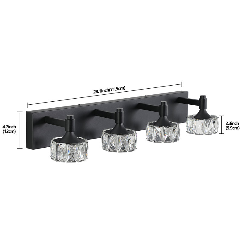 4- Matte Black Led Vanity For Bathroom With Crystal Glass Lampshade, 4.57" H x 28.83" W x 7.71" D, 4 Lights