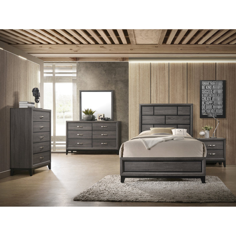 Lit simple en bois à profil bas gris avec tête de lit géométrique - Cadre de chambre contemporain