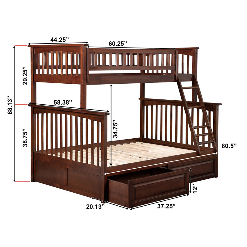 Columbia Solid Wood Standard Ladder Storage Bunk Bed with Raised Panel Under Bed Drawers, Twin over Full, Walnut