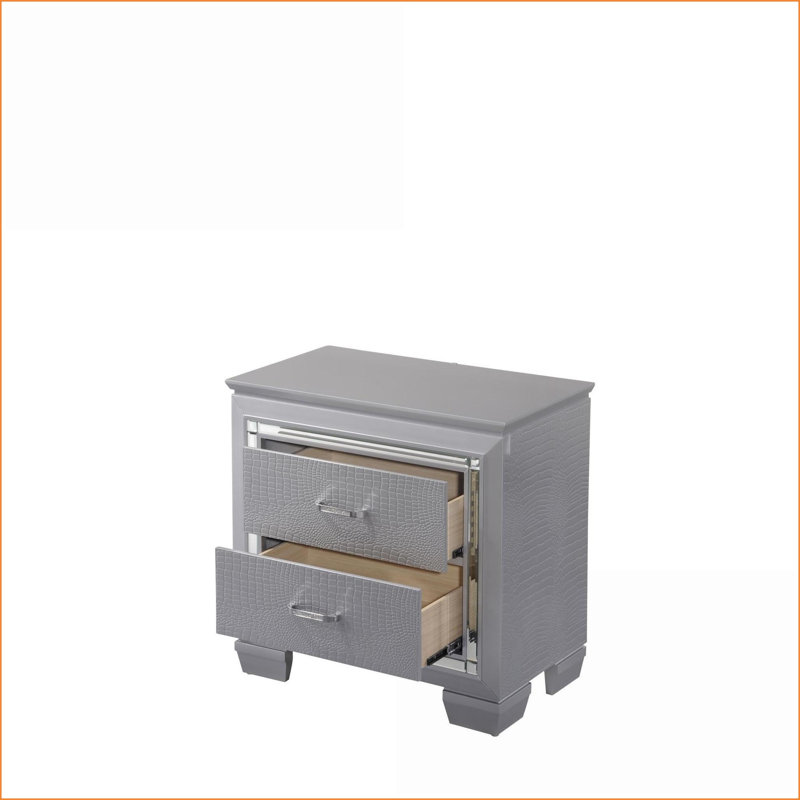 Table de chevet moderne à 2 tiroirs avec lumières DEL et amp; Miroir biseauté - argent