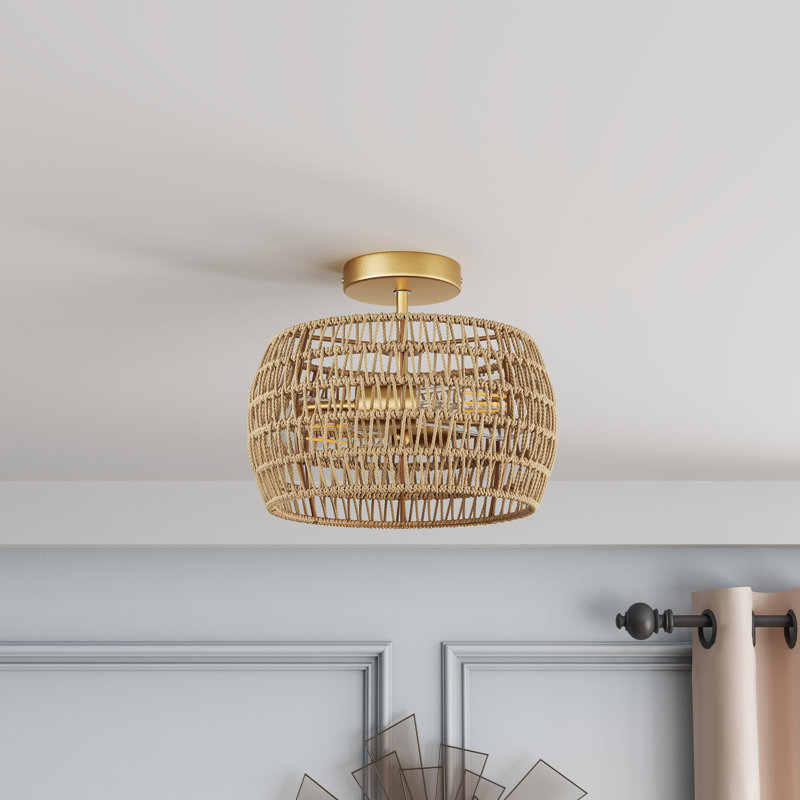 Gotthardt 2-Light Bulbs Retro Farmhouse Rattan Boho Dimmable Flush Mount Light Fixtures