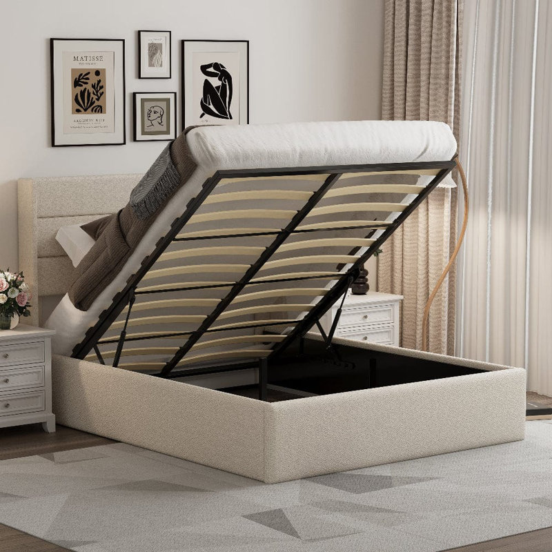 EASE Storage Boucle Teddy Fleece Pneumatic Lift Up Bed Frame Bed, Kingsize (5')