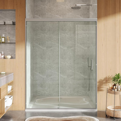 Sliding Glass Shower Door 44–48 Inch W x 76 Inch H, Round Stainless Steel Rail, 8mm Tempered Glass Shower Glass Door with One Fixed & One Sliding Panel