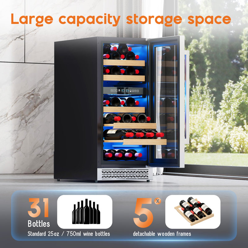 Abernathy 15'' Dual Zone Wine Cooler, 31-Bottle Capacity, 41–68°F Digital Temperature Control, Reversible Double-Layer Glass Door, Built-In or Freestanding