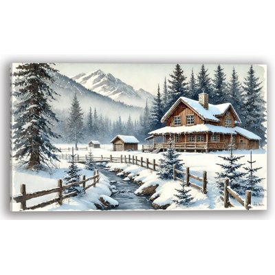 Mountain Winter Homestead: Snow-Covered Cabin Landscape Wrapped Canvas Print