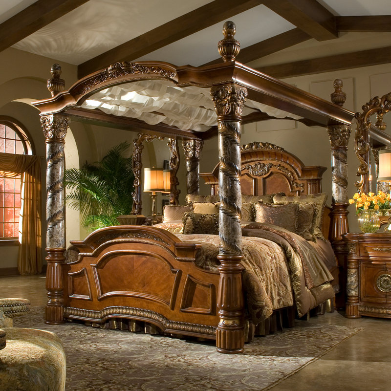 Villa Valencia Traditional Brown Wood California King Canopy Bed