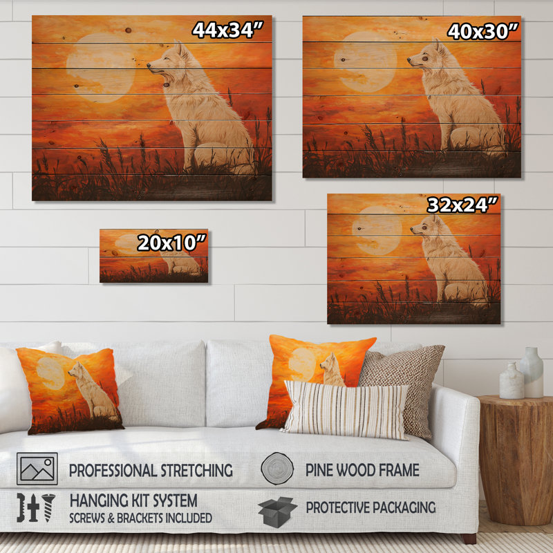 Portrait de loup au coucher du soleil III - Décoration murale moderne en bois sur bois de pin naturel, H 10 po x l 20 po