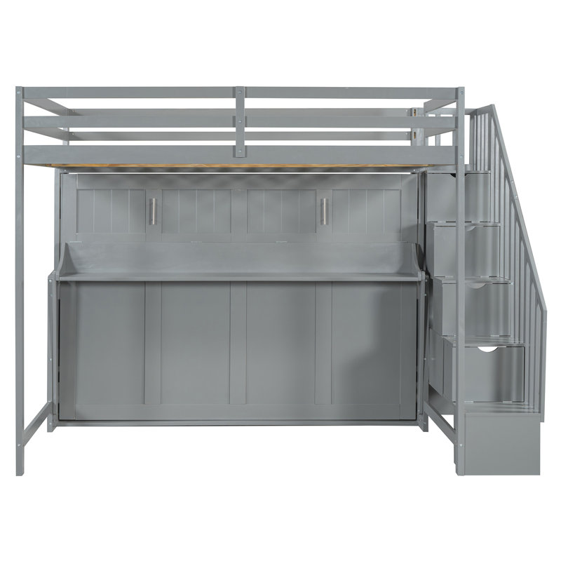 Lit escamotable double au-dessus de double avec élévateur hydraulique, bureau et rangement - Lit superposé peu encombrant pour enfants et petites pièces, gris
