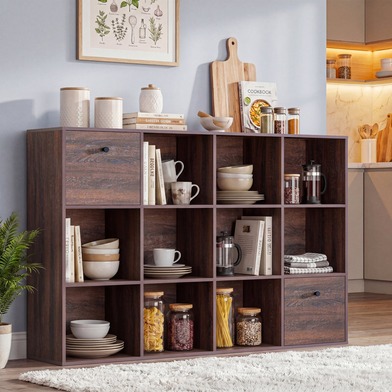 Étagère de rangement de 47 po avec 12 cubes et 2 tiroirs en tissu, bibliothèque en bois rustique noyer et vitrine pour bureau, chambre à coucher, salon et bureau, individuel