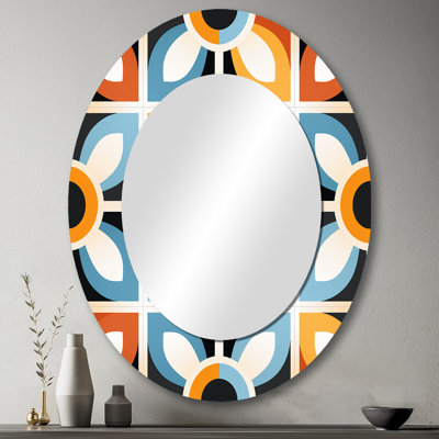 Motif de mosaïque rustique orange et bleu - Grand miroir mural ovale sur métal