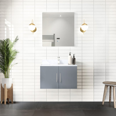 Meuble-lavabo gris foncé avec comptoir en marbre et miroir DEL de 76 cm (30 po) - Résistant aux rayures et aux marques, fermeture amortie, grand espace de rangement, traitement anti-rayures et anti-taches.