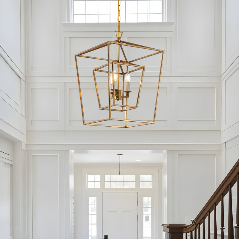 Luminaire suspendu à 4 lumières avec une lanterne ouverte avec un cadre décoratif en cage