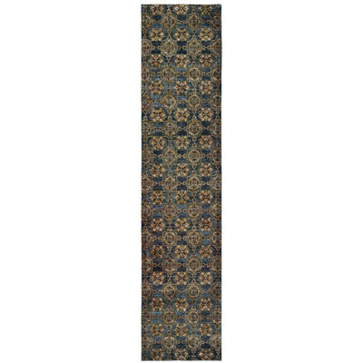 2' X 10' Blue And Gold Oriental Power Loom Stain Resistant Runner Rug
