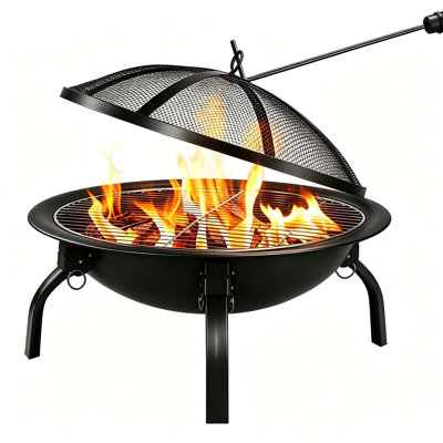 Foyer extérieur pliable et portatif de 56 cm (22 po) avec grille de cuisson et pare-étincelles, fonctionnant au bois.