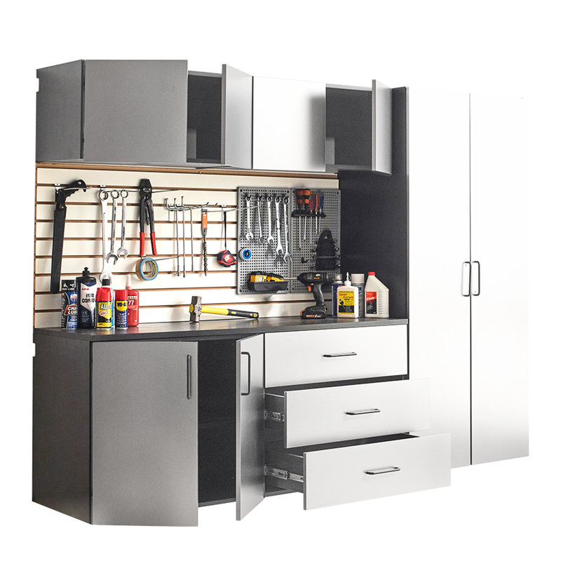 Armoire de garage B de la série, 96 po L, 6 pièces, finition gris métallique, tiroirs et portes, facteur de qualité de la chaleur de l'eau, 2 bandes de bordure plus épaisses, ensemble de tablettes réglables, double métal