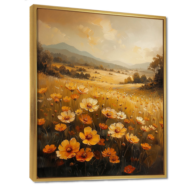 Or jaune jaune vert Sunlit Meadow II - Buttercups, art mural, H 44 po x l 34 po x P 1,5 po, Toile avec cadre flottant or
