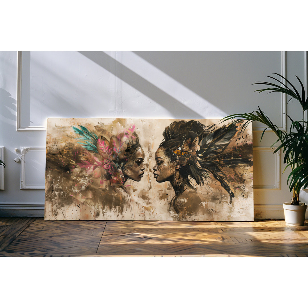 Wandbild 120x60cm Porträt von zwei jungen Frauen Kunstwerk Blumen Federn