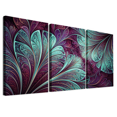 Ensemble de 3 toiles murales représentant des plumes tourbillonnantes turquoise et violettes