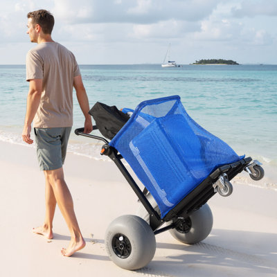 Beach Cart with Large Wheels for Sand, 165 lbs Load Capacity, Heavy Duty Folding Beach Wagon with 12" Balloon Wheels, Storage Bag, 180° Adjustable Handlebar, Dolly for Camping Fishing Garden