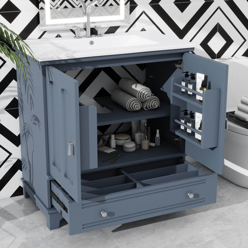 Meuble-lavabo de salle de bain avec évier 30 po, armoire de salle de bain en bois massif avec comptoir intégré et détails argentés, tablette réglable, tiroir avec séparateurs