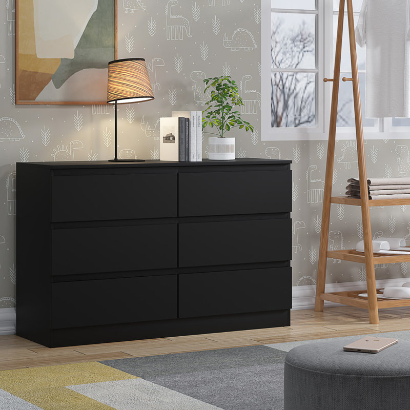 Carlton 6 Drawer Double Dresser - 3+3 Configuration, Scratch-Resistant, Handleless Design, Matte Finish. , Matt Black
