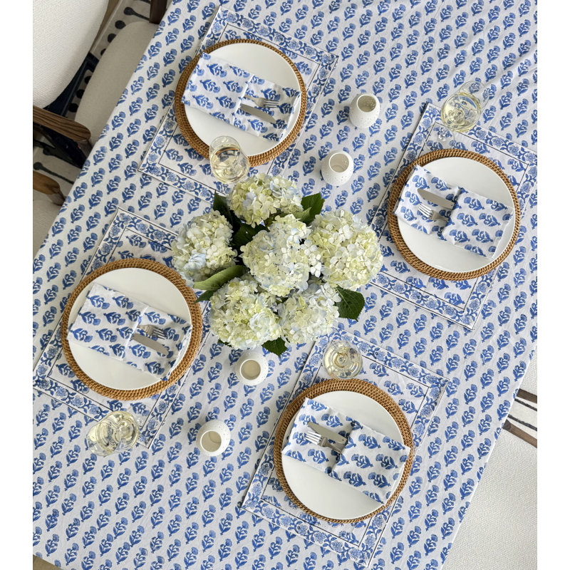 Hand Block Print Tablecloth, Blue, 108" L x 70" W