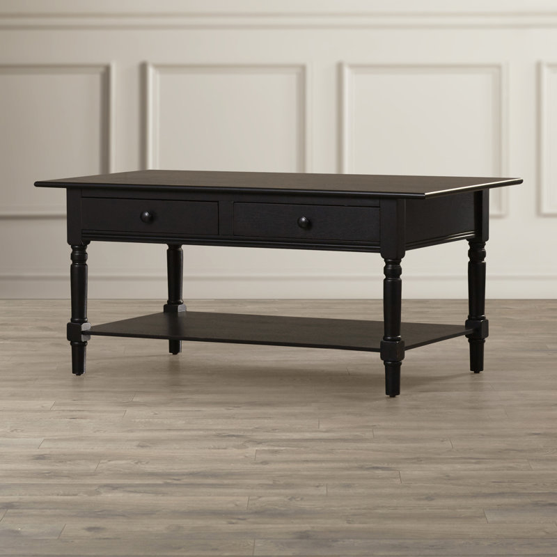 Banes Solid Wood Four Leg Coffee Table with Storage, Distressed Black