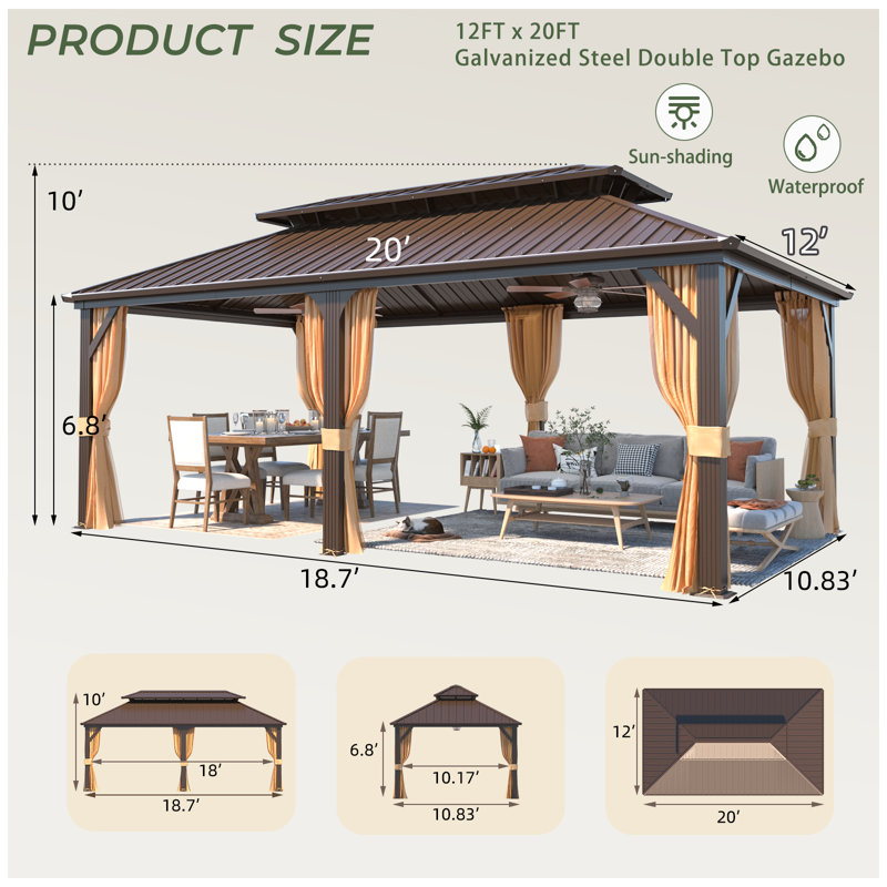 12 Ft. W X 20 Ft. D Aluminum Patio Gazebo, Hardtop Gazebo With Galvanized Steel Roof
