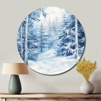 «Winter Pines Under Snow - Forest», art mural rond en métal