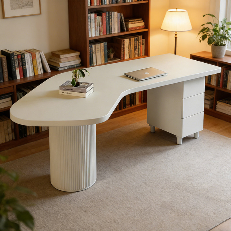 Bureau en bois massif blanc courbé avec 3 tiroirs, H 29,53 po x l 94,49 po x P 43,31 po, Blanc