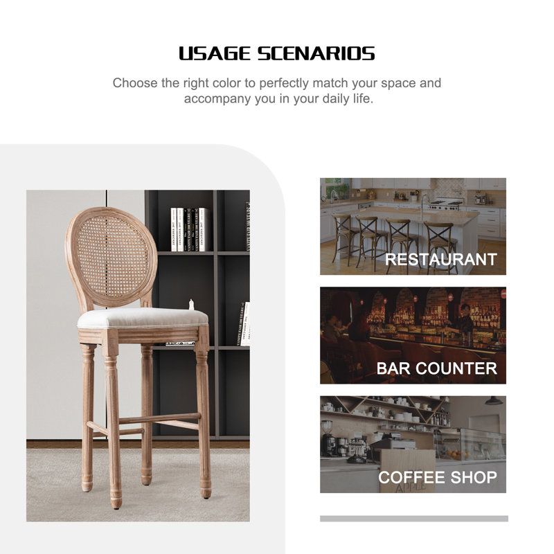 Tabourets de bar à dossier en rotin rétro avec siège en tissu beige, chaises à hauteur de comptoir en bois pour bar de cuisine et de maison de campagne (beige)
