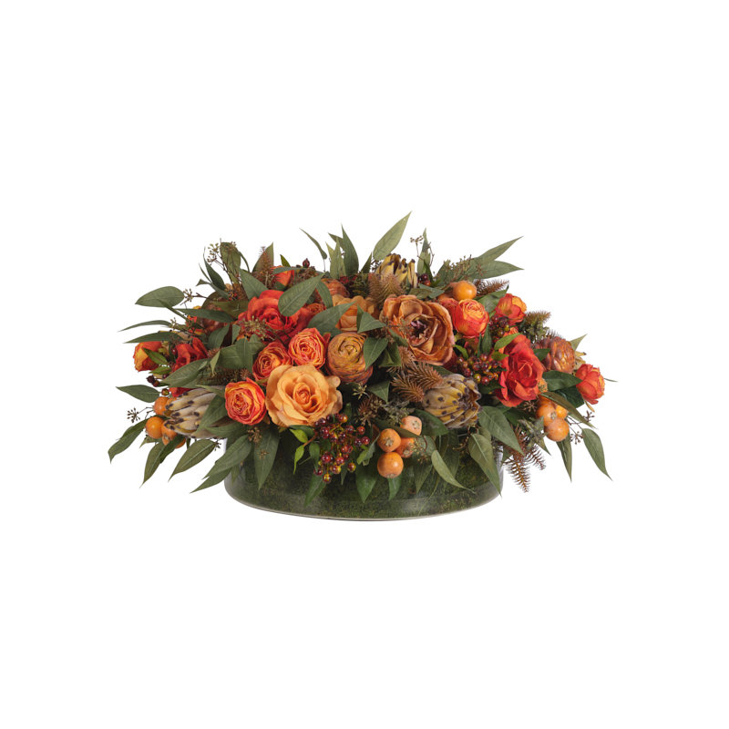 Rose Protea, Orange Yellow, Moss Glass Bowl, 28wx28dx16h
