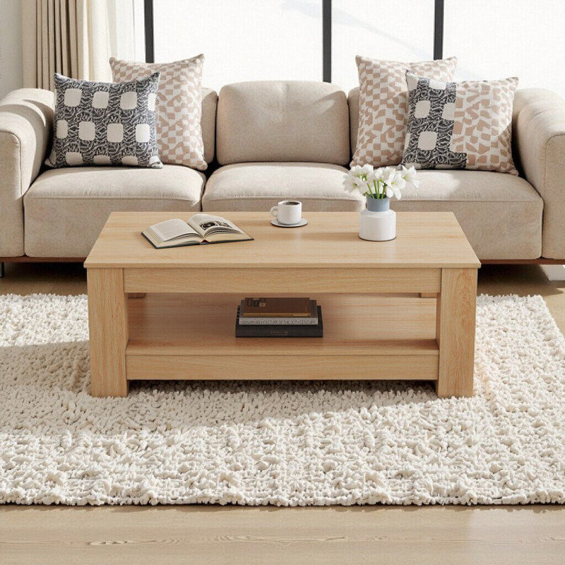 Double Layer MDF Coffee Table, Rectangular Design, Natural Wood