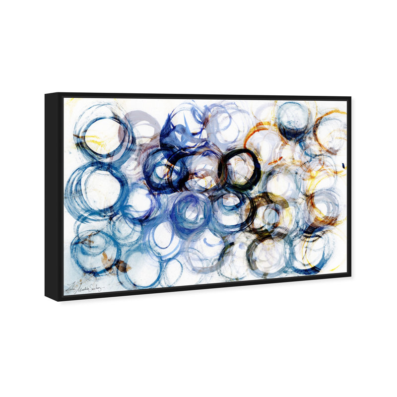 Sons d'hier, motif de cercle géométrique moderne sur toile bleue pour le salon, Cadre en bois noir, H 25 po x l 37 po