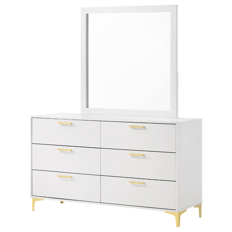 Dle Wide Dresser With Mirror, Gold Bracket Legs, Modern White Finish, White