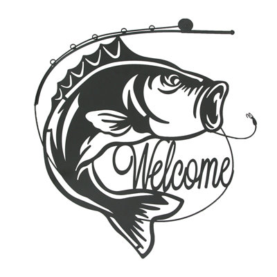 Vintage Black Metal Bass Welcome Wall Hanging Art for Fishing Decor, 19.25 Inches High