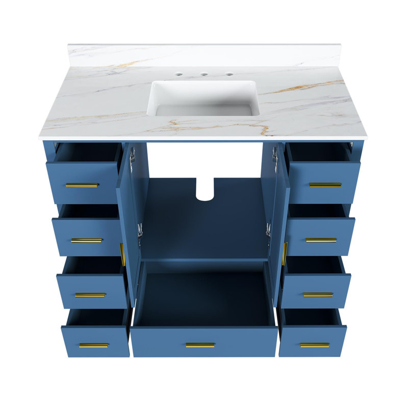 Meuble-lavabo moderne avec comptoir en pierre frittée blanche de Carrare, Blue